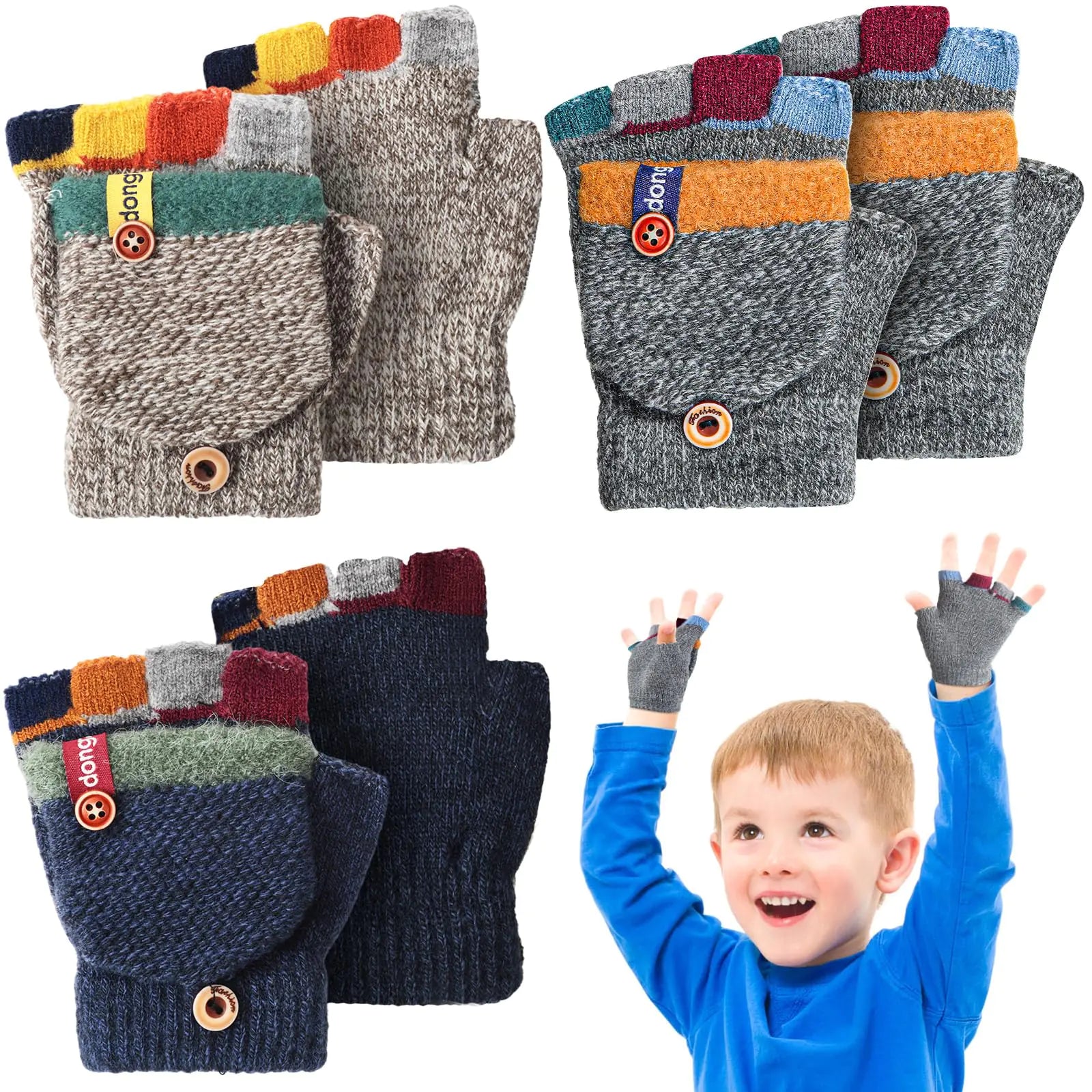 Handepo 3 Pair Kids Winter Gloves Infant Gloves 2t Toddler Gloves Convertible Warm Flip Top Baby Gloves for Kids 2-6 Years