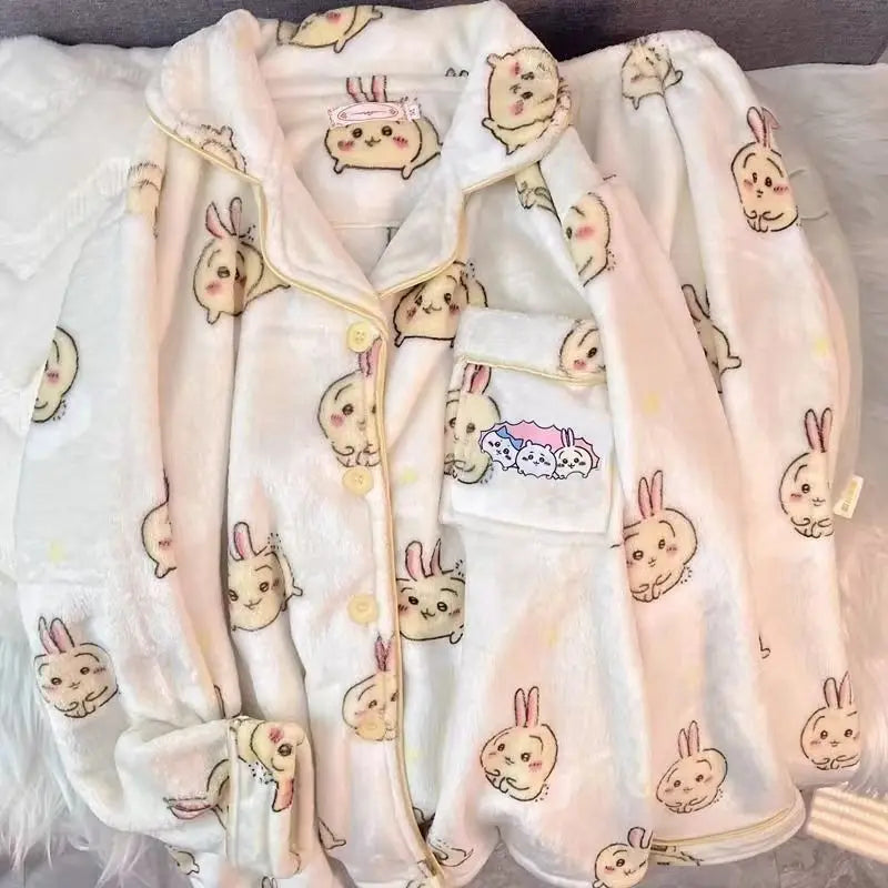 Kawaii Stitch 2Pcs Woman's Pajamas Set Thicken Warm Fashion Casual Loose Grey Cute Anime Homewear Gift