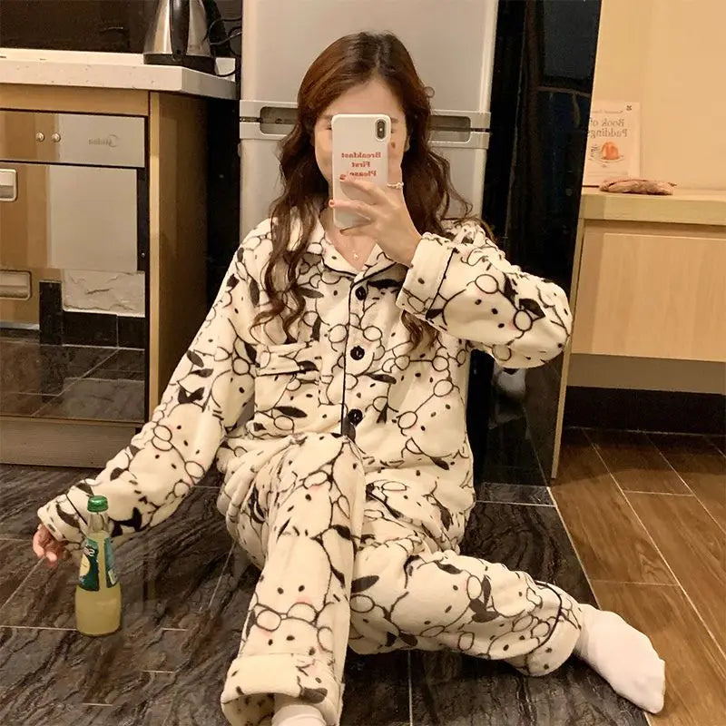Kawaii Stitch 2Pcs Woman's Pajamas Set Thicken Warm Fashion Casual Loose Grey Cute Anime Homewear Gift