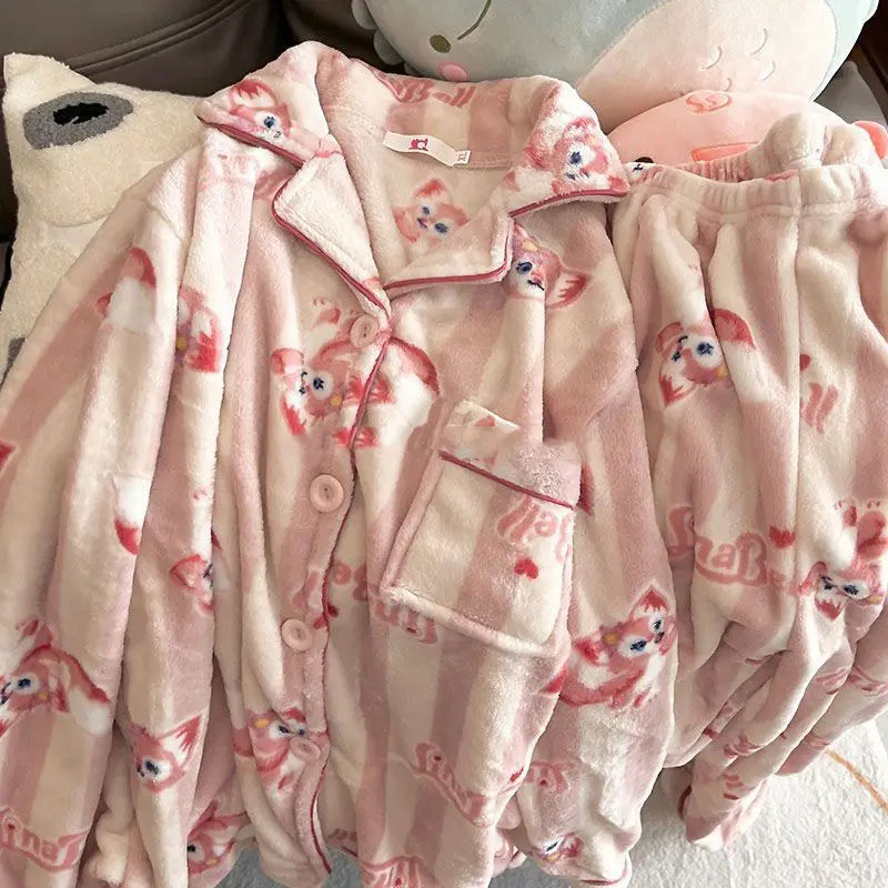 Kawaii Stitch 2Pcs Woman's Pajamas Set Thicken Warm Fashion Casual Loose Grey Cute Anime Homewear Gift