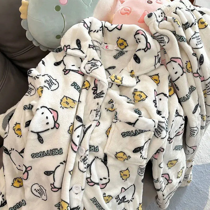 Kawaii Stitch 2Pcs Woman's Pajamas Set Thicken Warm Fashion Casual Loose Grey Cute Anime Homewear Gift