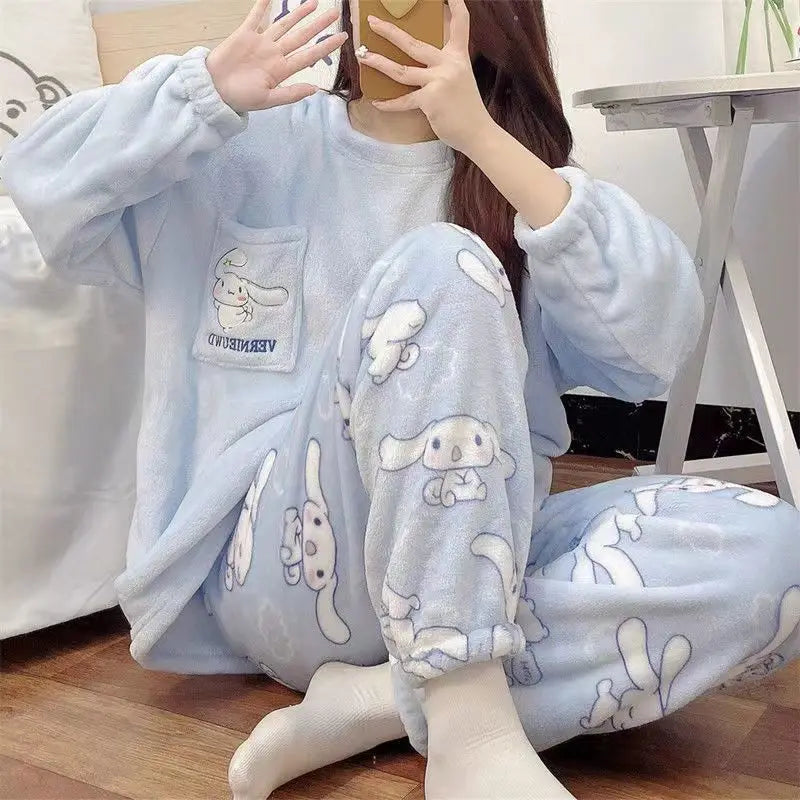 Kawaii Stitch 2Pcs Woman's Pajamas Set Thicken Warm Fashion Casual Loose Grey Cute Anime Homewear Gift